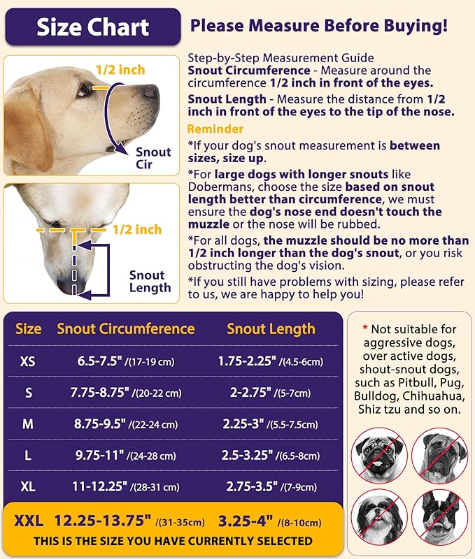 LUCKYPAW Dog Muzzle, Patented Mesh Muzzle for Large Medium Small Dogs Allows Full Pant Drinking Mouth Cover to Prevent Biting Chewing Scavenging Adjustable Breathable Mouth Guard(Black,XXL)