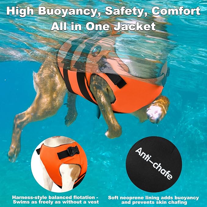 Dogcheer Dog Harness Life Jacket, High Buoyancy Neoprene Dog Life Vest for Swimming Boating, Adjustable Puppy Swim Vest Reflective Pet Float Vest for Small Medium Large Dogs - Orange, XL