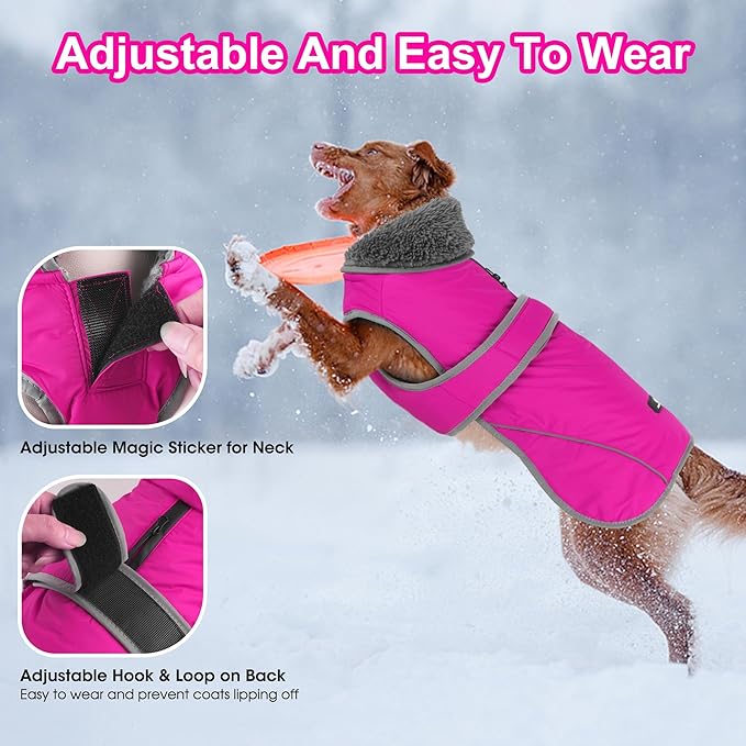 Dogcheer Dog Coat, Waterproof Dog Jacket Reflective Pet Winter Coat with Adjustable Hook & Loop, Christmas Puppy Fleece Jacket Warm Turtleneck Snowsuit for Small Medium Large Dogs - Pink, L