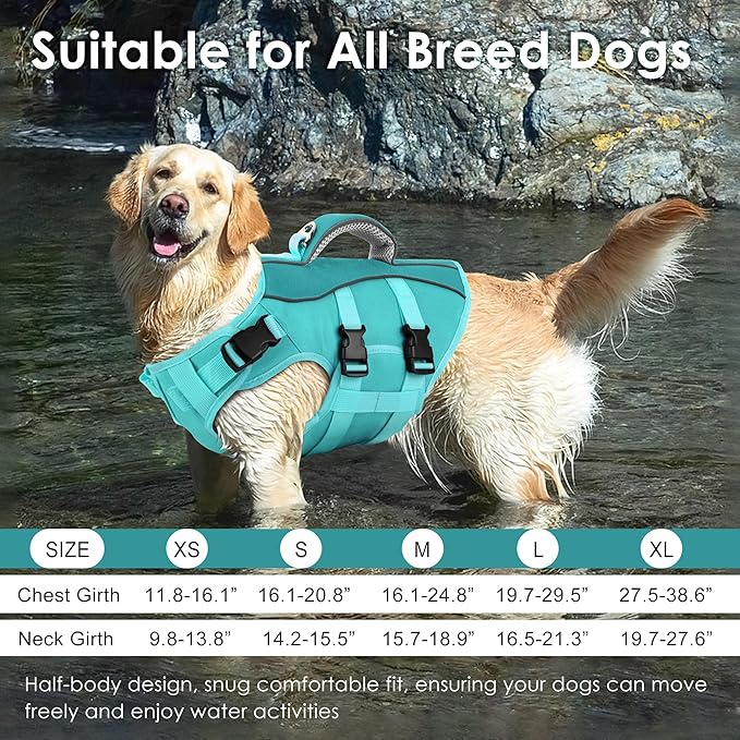 Dog Life Jacket, High Buoyancy Dog Life Vest with Handle for Swimming Boating, Adjustable Swimming Vest with Reflective Trim for Small Medium Large Dogs - Pine Green, L
