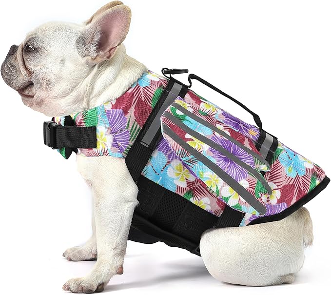 Dog Life Jacket, Wings Pet Life Vest for Swimming Boating Reflective Dog Flotation Swim Vest with Handle and Chin Float for Small Medium Large Size Dogs, S, Floral Purple