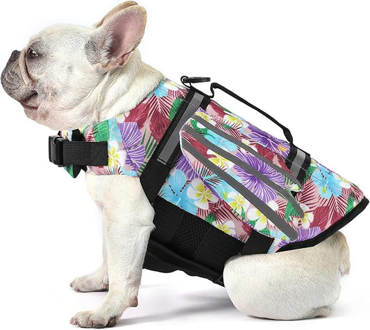 Dog Life Jacket, Wings Pet Life Vest for Swimming Boating Reflective Dog Flotation Swim Vest with Handle and Chin Float for Small Medium Large Size Dogs, L, Floral Purple
