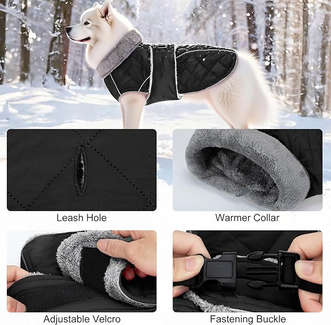 Dog Coat, Warm Dog Winter Coat for Medium Dogs, Waterproof Jacket with Adjustable Buckle & Velcro, Reflective Turtleneck Cold Weather Coats, Pet Fleece Vest Snow Jacket (Black, XS)
