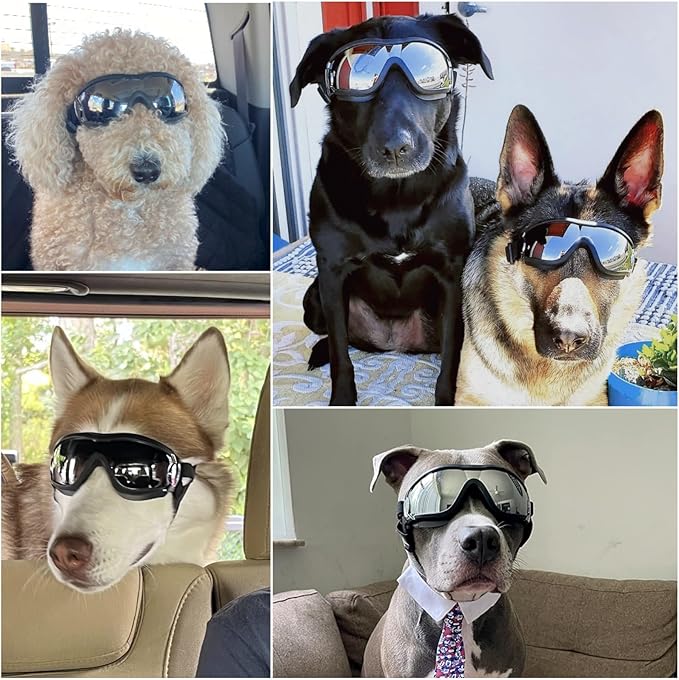 NAMSAN Dog Goggles Medium to Large Breed, Anti-UV Sunglasses for Dogs Large Breeds, Windproof Driving Dog Eye Protection, Doggy Glasses with Elastic Straps, Adjustable, Black