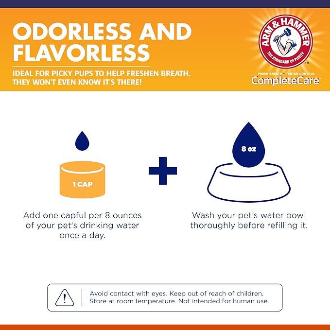 Arm & Hammer Dog Dental Water Additive Breath Freshener, Odorless Flavorless Oral Care Solution for Plaque and Tartar Control, Daily No Brush Dental Support for Dogs, 16 Fl Oz