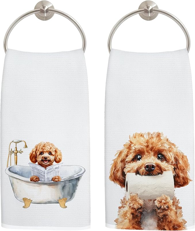 Funny Poodle Dog Bathroom Hand Towels, Poodle Lover Gifts for Women Men, Funny Bathtub Dog Hand Towels for Bathroom Toilet Washroom Restroom Decor, 16x24 Inch Set of 2