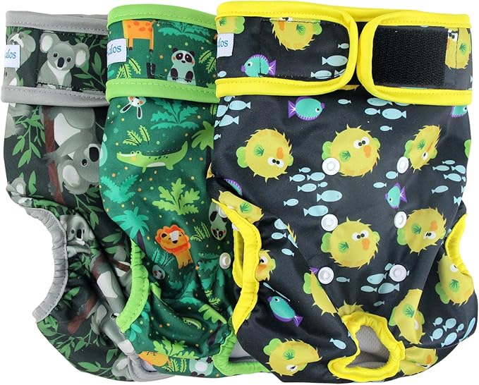Leekalos Reusable Washable Dog Diapers Female (3 Pack) - Highly Absorbent Doggie Diapers - Size Adjustable Puppy Diapers for Dog Period Panties (Medium, Globefish)