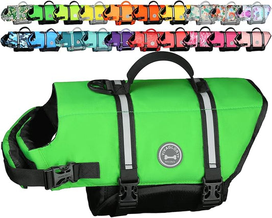 VIVAGLORY Rip Stop Dog Life Vest, Swimming Vest with Handle, Buoyancy for Doggy Puppy, Dog Life Jacket for Swimming & Boating, L, Bright Green