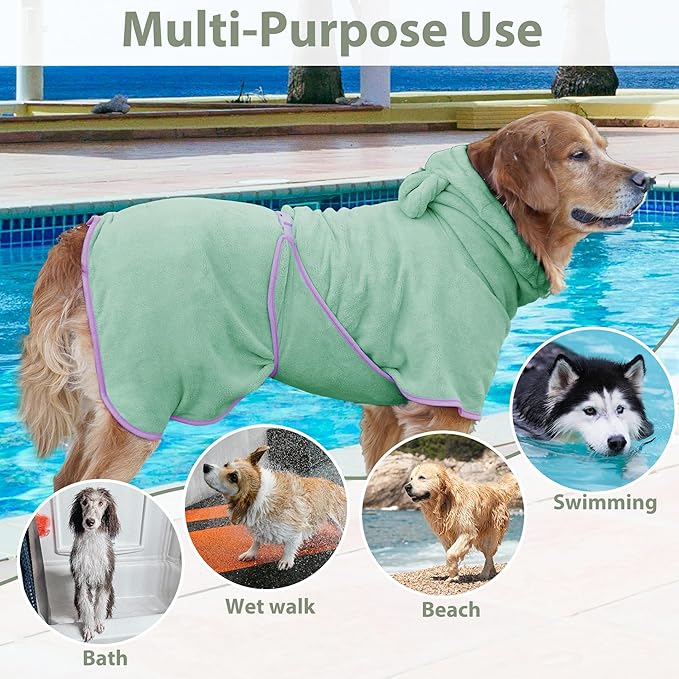 Dog Bathrobe Super Absorbent Towel Robe - Microfiber Bath Towels Fast Drying Coat for Dogs, Cute Dogs Clothes Adjustable Collar & Belly Strap Warm Keeping Hooded Dog Towel (Light Green, Small)