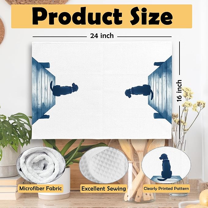 Lake House Decor Labrador Kitchen Towels Set of 2, Summer Funny Lake Dog Coastal Bathroom Hand Towel, Dog Lover Gifts Tea Towel Dish Towels 16x24 Inch