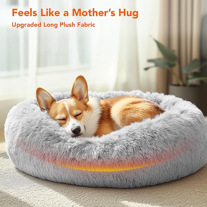 Deconovo Calming Donut Dog Bed, Washable Plush Round Pet Bed for Small Dogs & Cats with Raised Rim, Non-Slip Base and Soft Faux Fur—Lightweight, Easy-Care Design Light Grey 21" L x 21" W x 8" Th