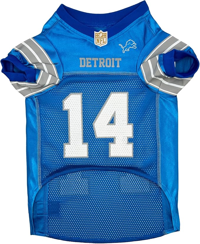 Pets First NFLPA Amon-RA ST Brown Jersey #14, NFL Dog Shirt, Detroit Lions Mesh Jersey, Size X-Large