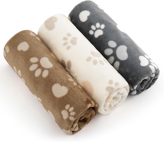 Bedsure 1 Pack 3 Pet Blankets, Super Soft Fluffy Premium Fleece Flannel Portable Throw Dog Blankets for Small Dogs, Printed Cat Puppy Blanket Paw Light Brown/Grey/Cream Small(23x16 inch)