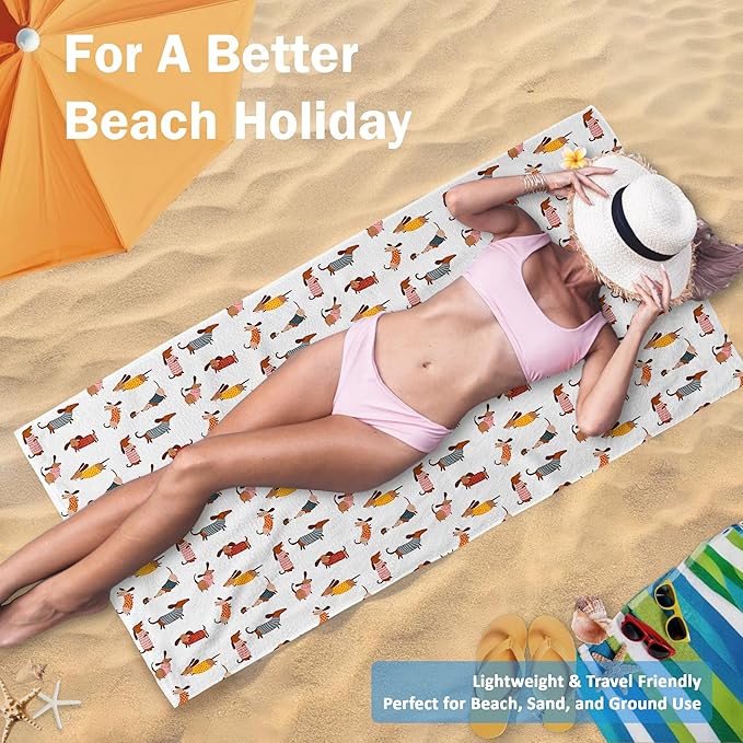 Cute Dog Dachshund Beach Towel Gifts for Women Dog Lovers Owner, Funny Dogs Wiener Microfiber Quick Dry Travel Sand Free Beach Towels Oversized Decor for Bathroom Swimming Pool 30x60 Inch