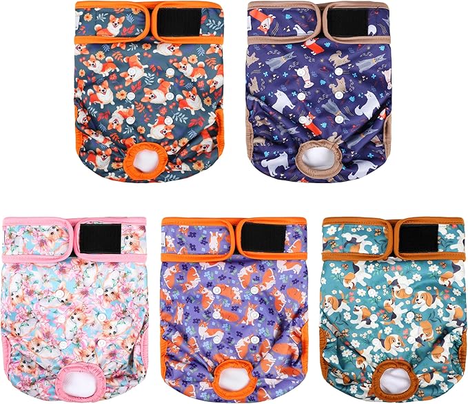 Washable Female Dog Diapers 5 Pack,Reusable Diaper for Doggie,Highly Absorbent Dog Diaper,Adjustable Leakproof Puppy Diapers Skirt for Heat,Incontinence,Period Doggy Nappies