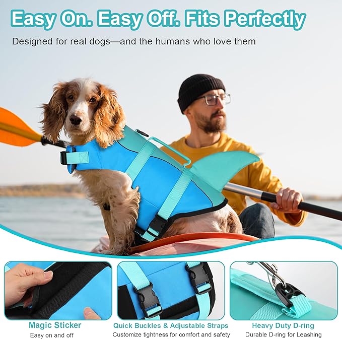 Dogcheer Dog Life Jacket, Cute Shark Dog Life Vest for Swimming Boating with Superior Buoyancy and Rescue Handle, Adjustable Puppy Floating Swim Vest for Small Medium Large Dogs - Pool Blue, M