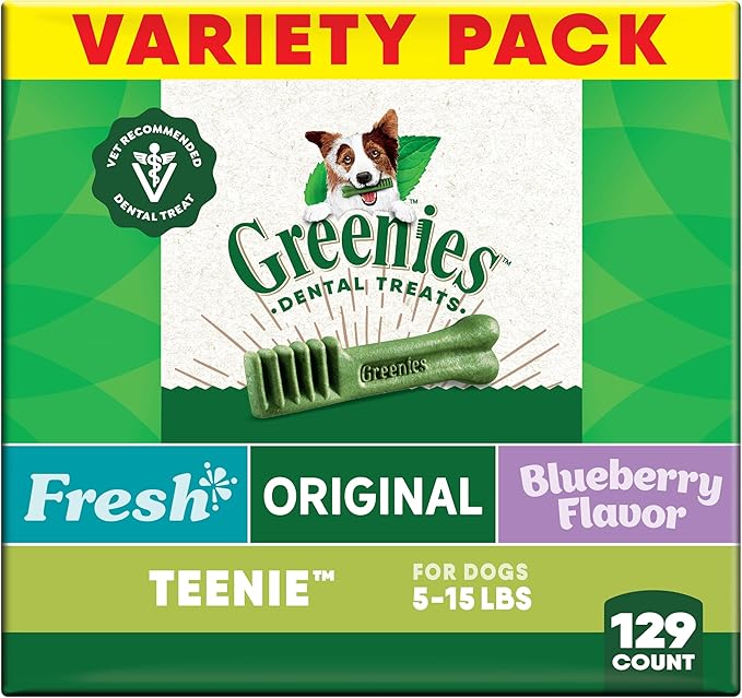 Greenies Dog Treats Veterinarian-Recommended Natural Dental Treats for Dogs, Teenie Size, Variety Pack Flavor, (3) 12 oz. Packs, 129 Count