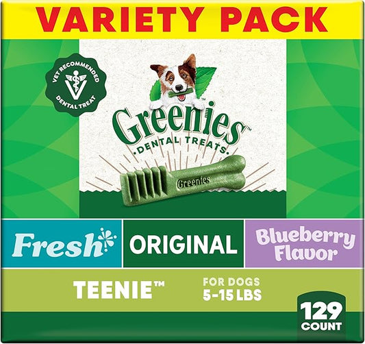Greenies Dog Treats Veterinarian-Recommended Natural Dental Treats for Dogs, Teenie Size, Variety Pack Flavor, (3) 12 oz. Packs, 129 Count