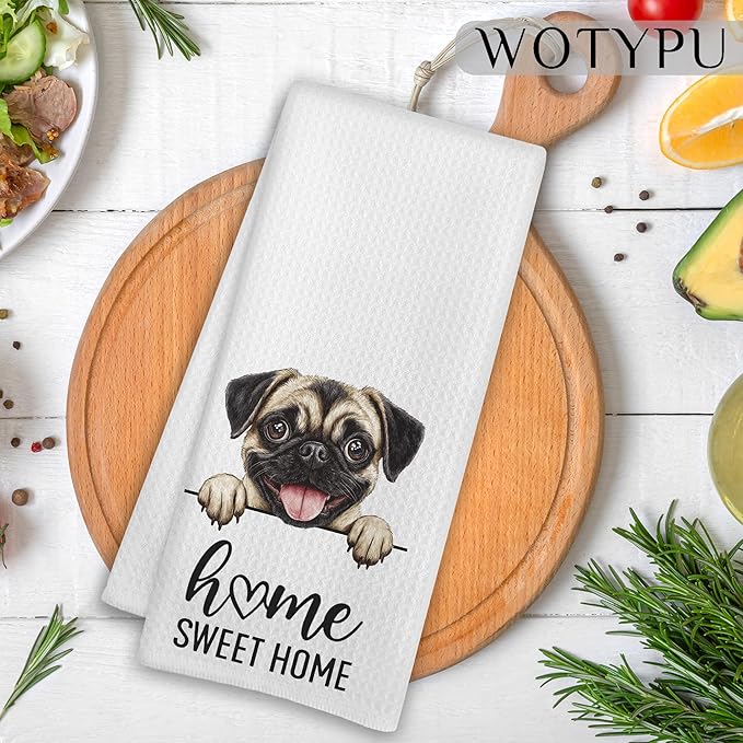 Pug Gifts Kitchen Towels, Gifts for Pug Lovers Dish Tea Towels, Dog Lover Mom Dad Gifts Decorative Hand Towel for Bathroom, Home Sweet Home Decor, 16x24 Inch