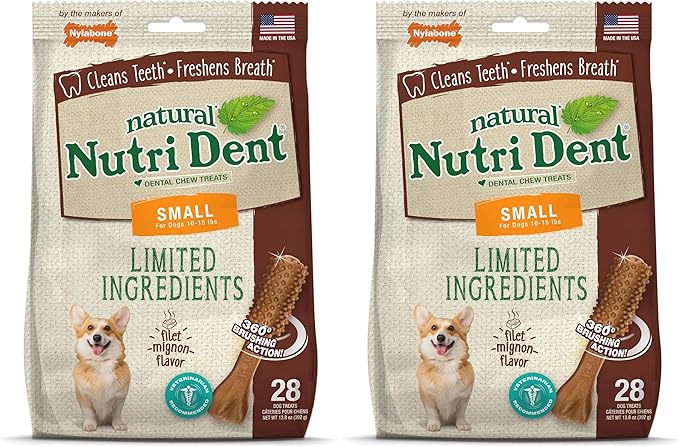 Nylabone Nutri Dent Dog Dental Chews - Natural Dog Teeth Cleaning & Breath Freshener - Dental Treats for Dogs - Filet Mignon Flavor, Small (28 Count) (Pack of 2)