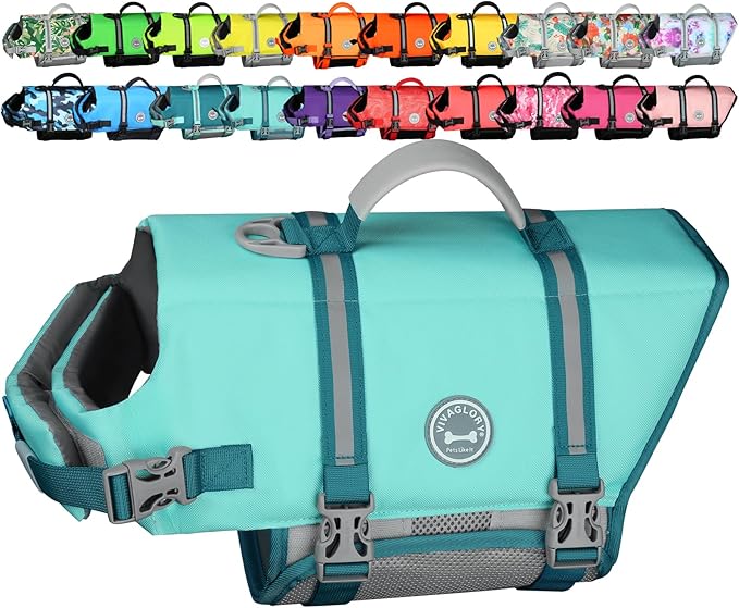 VIVAGLORY Rip Stop Dog Life Vest, Swimming Vest with Handle, Buoyancy for Doggy Puppy, Dog Life Jacket for Swimming & Boating, M, Cyan