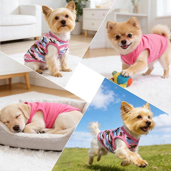 2 Pack Puppy Clothes Dog Shirts for Small Dogs Girl Summer Camouflage Pet T Shirts Female Dog Clothes for Small Dogs Cats Chihuahua Yorkie Apparel Pink Camouflage + Solid Color (XXS)