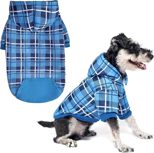 EXPAWLORER Plaid Dog Hoodie - British Style Warm Dog Sweater Shirt with Leash Hole,Pitbull Clothes Outfits,Winter Coat Apparel for All Breeds Puppy Girl Boy-Cat Apparel,Blue Medium