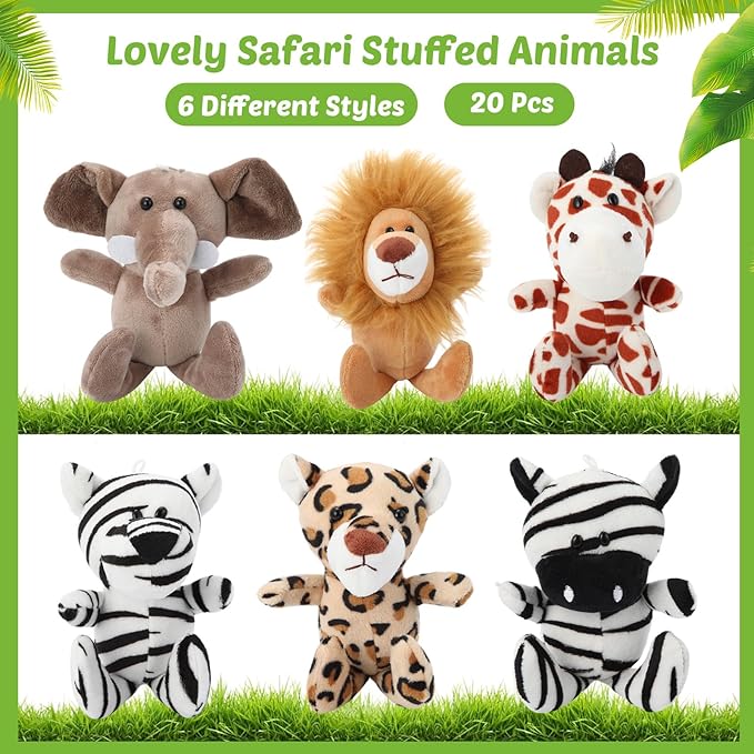 20 Set Safari Mini Jungle Animal Plush Toys Stuffed Forest Animals Plush Toys Set with Birthday Hats Kraft Paper Boxes Adopt Pet for Kid Theme Birthday Favor(Safari)