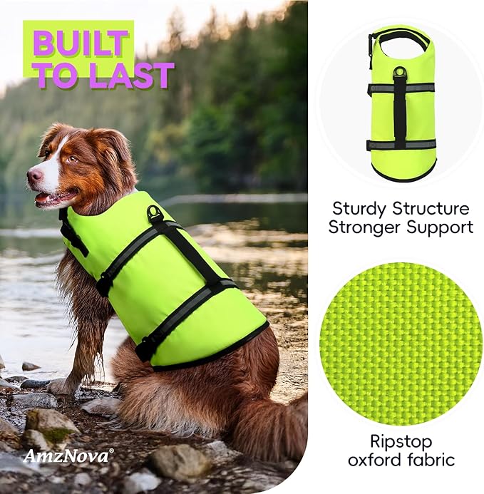 AMZNOVA Rip Stop Dog Life Jacket, Dog Life Vest for Swimming & Boating, Lightweight & Buoyancy for Doggy Puppy, Lifejacket with Handle, XL, Bright Yellow