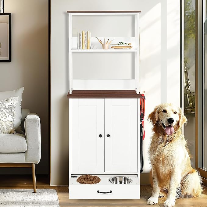 Echo Voyage Pet Feeding Station with Bowls, Adjustable Panel with Storage Function Pet Feeder Station for Dogs Cats for Feeding & Watering Supplies, Dog Feeding Station with 2-Level Shelving, White