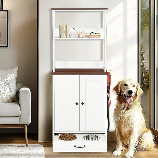 Echo Voyage Pet Feeding Station with Bowls, Adjustable Panel with Storage Function Pet Feeder Station for Dogs Cats for Feeding & Watering Supplies, Dog Feeding Station with 2-Level Shelving, White