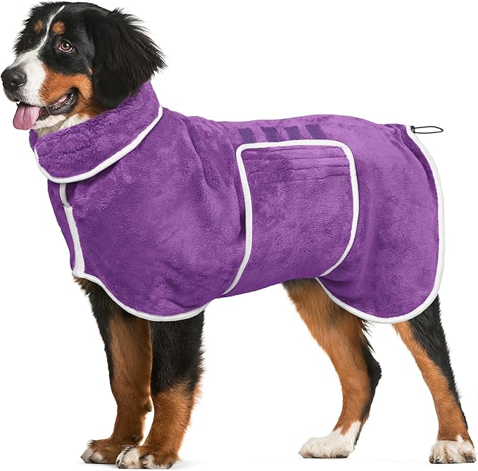 Dog Bathrobe Towel Dog Drying Coat - Super Absorbent Towels Bath Robe for Dogs Large, Soft Adjustable Collar & Belly Strap Fast Drying Coat Pet Cat Bath Robe (Violet, Large)