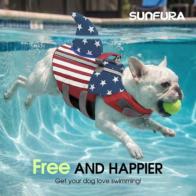 SUNFURA Dog Life Jacket Shark Life Vest for Dogs, Adjustable Swmming Vest with High Buoyancy, Safety Lifesaver with Rescue Handle for French Bulldog Small Medium Breeds, USA Flag S