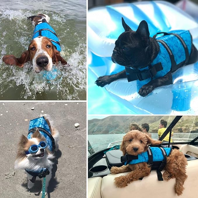 Dog Life Jacket Easy-Fit Adjustable Belt Pet Saver Swimming Safety Swimsuit Preserver with Reflective Stripes for Doggie (S, Blue)