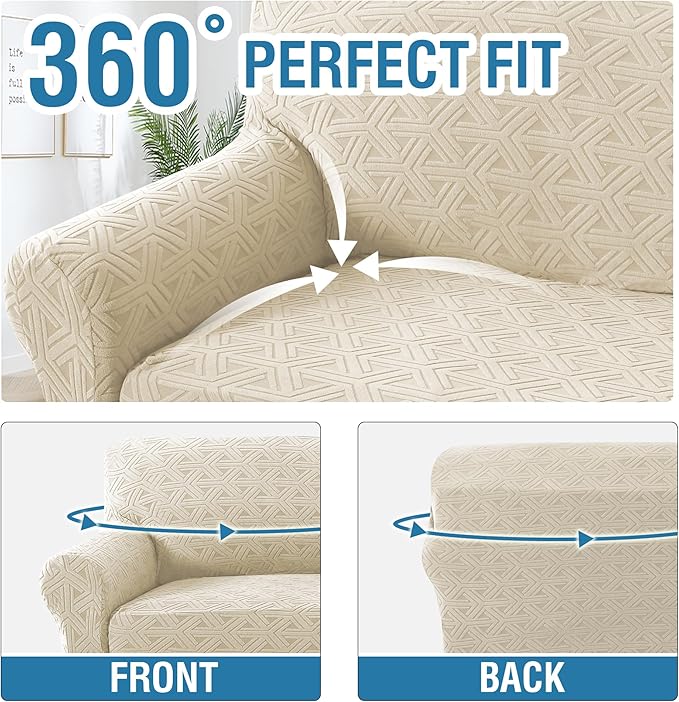 H.VERSAILTEX Jacquard Couch Covers for 3 Cushion Couch 1 Piece Stretch Sofa Covers Furniture Protector Anti-Slip Soft Thickened Dogs Slipcovers Washable Diamond Pattern(Sofa, Ivory)