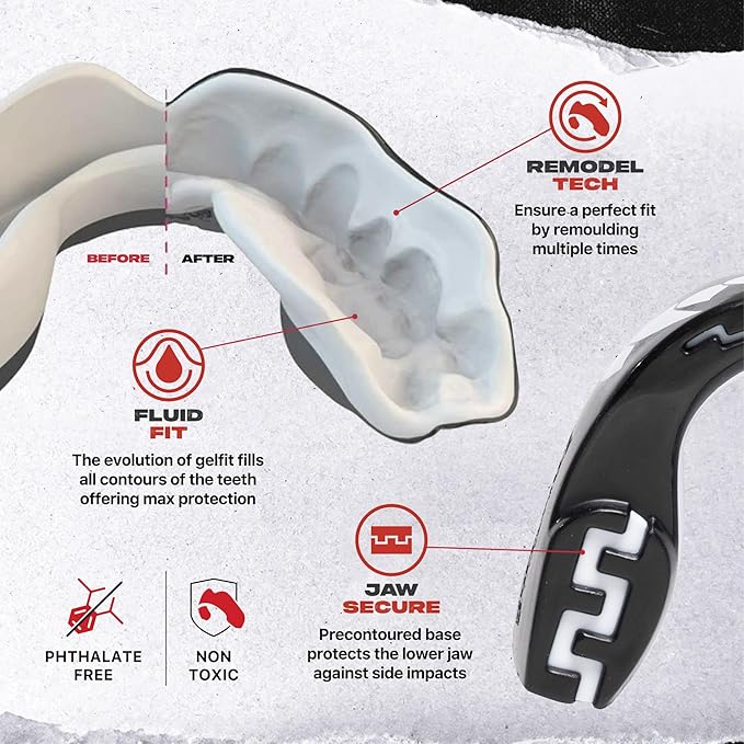 SAFEJAWZ Mouth Guard, Dual Layer Mouthguard for Youth with Case, Easy Fit Remoldable Mouthpiece for Football, Boxing, Lacrosse, MMA, Basketball & All Contact Sports (Kids <11 Years, Black Fangz)