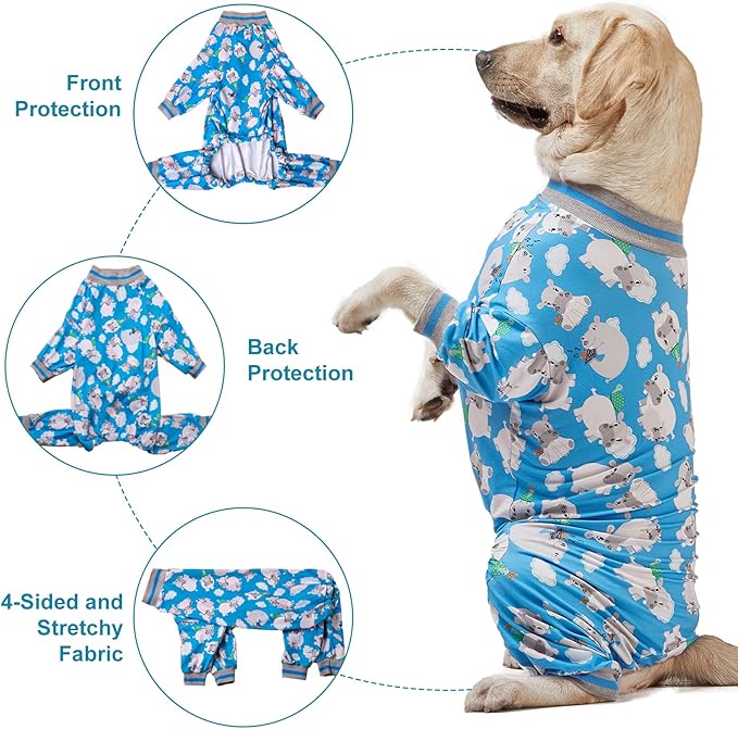 LovinPet Large Dog Clothes/Big Dog Onesie, Slim Fit, Lightweight Pullover/Full Coverage Dog Pjs/Happy Hippo Blue Print/Large Husky Pajamas/Medium