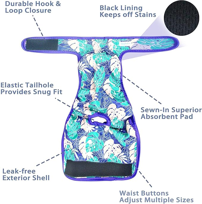 Leekalos Reusable Washable Dog Diapers Female (3 Pack) - Highly Absorbent Doggie Diapers - Size Adjustable Puppy Diapers for Dog Period Panties (Small, Leaves)