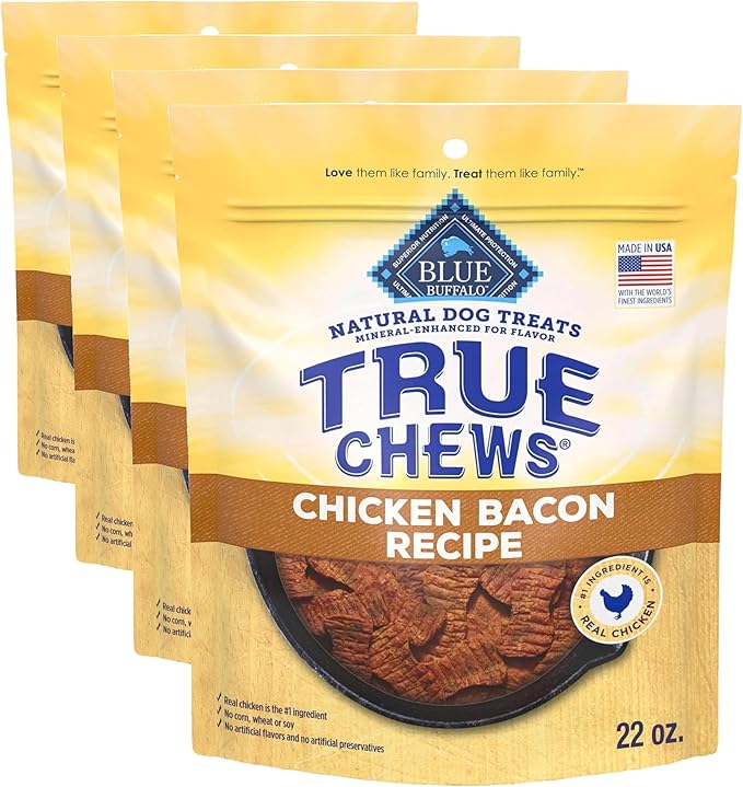 Blue Buffalo True Chews Dog Treats, Made in The USA with Natural Ingredients, Chicken Bacon Recipe, 22-oz Bag (Pack of 4)