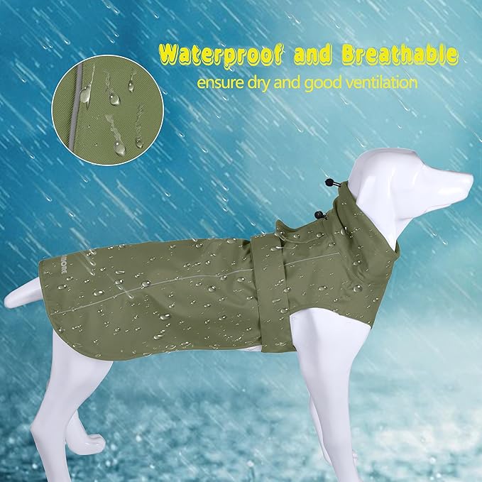 Adjustable Waterproof Dog Raincoat for Dogs,Lightweight Pet Rain Jacket Puppy Clothes with Reflective Strip for Small Medium Large Dogs (Army Green, XXX-Large)