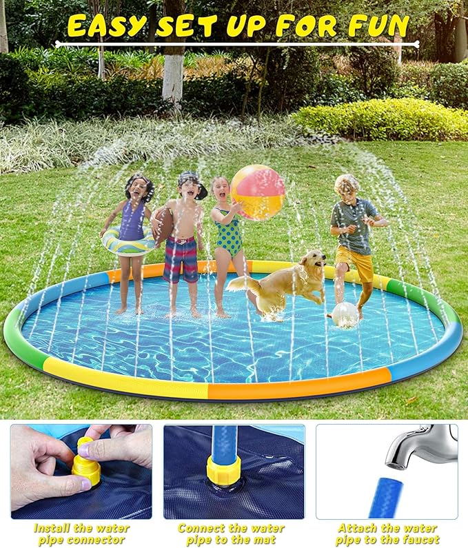EPN Splash Pad, 13FT Size Extra Large Sprinkler Play Mat for Dogs & Kids, Thicker Pool Summer Outdoor Water Toys Fountain Pad for 3+ Children & Pets