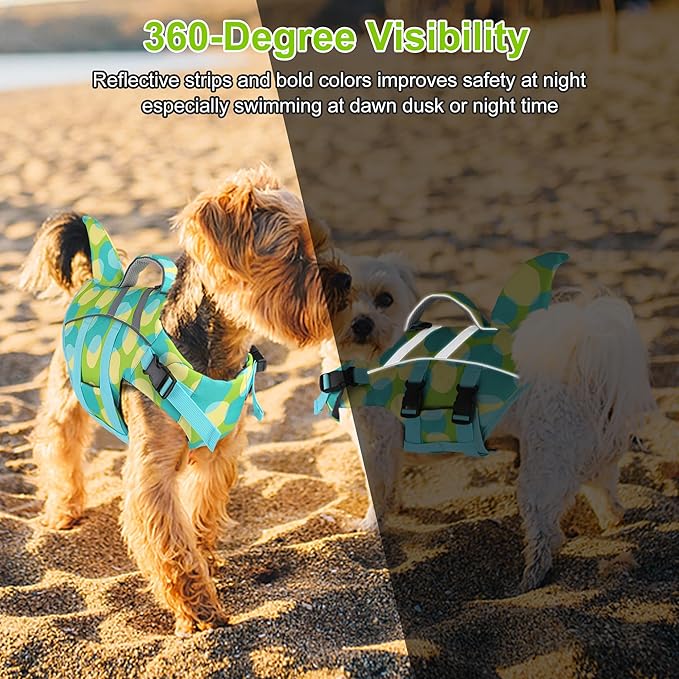 Dogcheer Shark Fin Dog Life Jacket, Adjustable Dog Harness Life Vest for Swimming Boating, Puppy Swim Vest Pet Flotation Device for Small Medium Large Dogs - Colorful Green,M