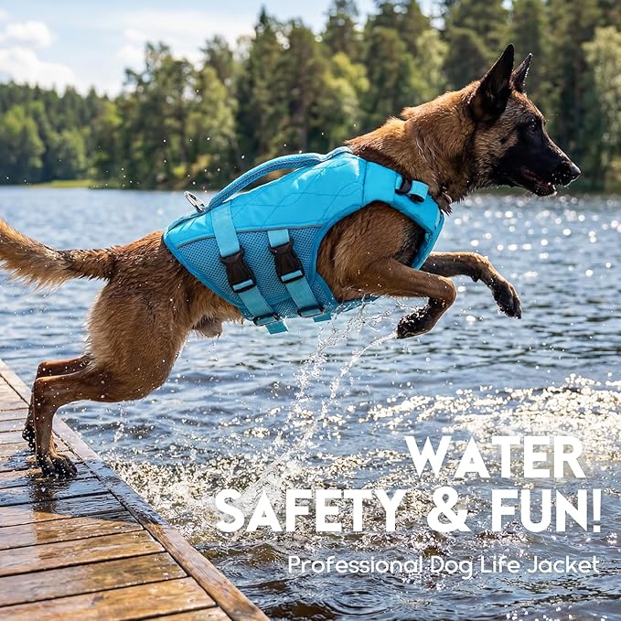 ASENKU Dog Life Jacket, High-Buoyancy Reflective Dog Swimming Vest with Durable Handles for Small/Medium/Large Dogs - Pool, Beach, Boating (Blue, L)