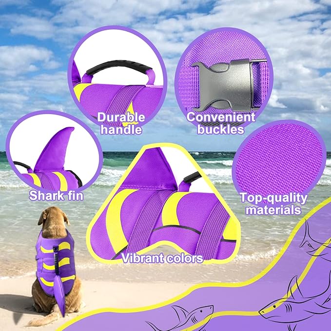 Fragralley Dog Life Jacket Shark, Dog Life Vest Adjustable Ripstop, Dog Swimming Safety Vest with Superior Buoyancy & Rescue Handle for Small Medium Large Dogs, Swim, Pool, Beach, Boating