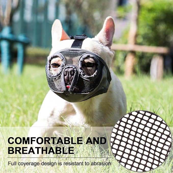 Short Snout Dog Muzzles- Adjustable Breathable Mesh Bulldog Muzzle for Biting Chewing Licking Training Grooming Dog Mask (Grey, Small/9"-12")