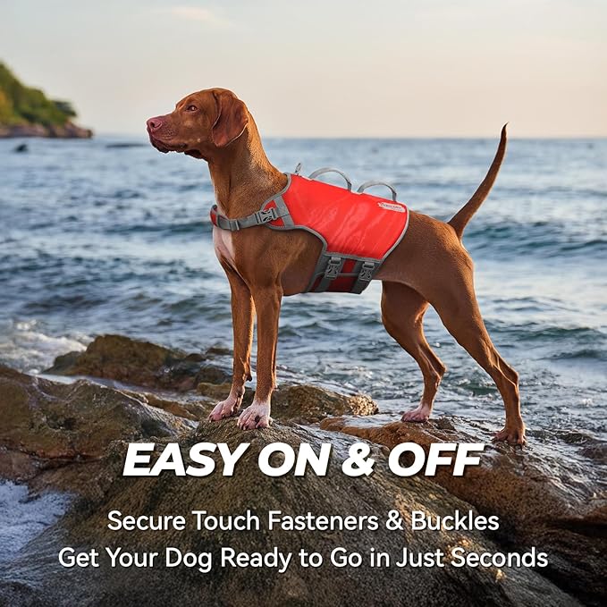 VIVAGLORY Neoprene Dog Life Vest, Dog Life Jacket for Swimming & Boating, Lightweight & Buoyancy for Puppy Doggy, Swimming Vest with Handle, XL, Red Pomegranate