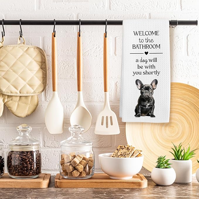 Funny French Bulldog Dog Hand Towels, Black French Bulldog Gifts Hand Towel, A Dog Will Be with You Shortly Decorative Towel Bath Towel for Bathroom, Funny FrenchieDog Bathroom Decor, 16x24in