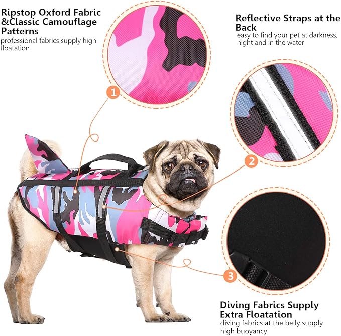 Queenmore Dog Life Jacket Pet Safety Vest High Buoyancy Camouflage Color Cute Shark with Strong Rescue Handle and Leash Ring for Boating, Canoeing, Surfing, Hunting, Pink M