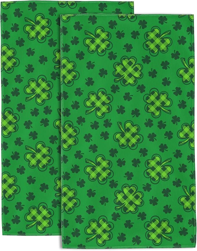 St.Patrick's Day Hand Towel,Lucky Clover Hand Bath Towels Set of 2 Dish Towels Soft Absorbent Decorative Hand Towels for Bathroom Kitchen Yoga Home Decor 14 x 28 in