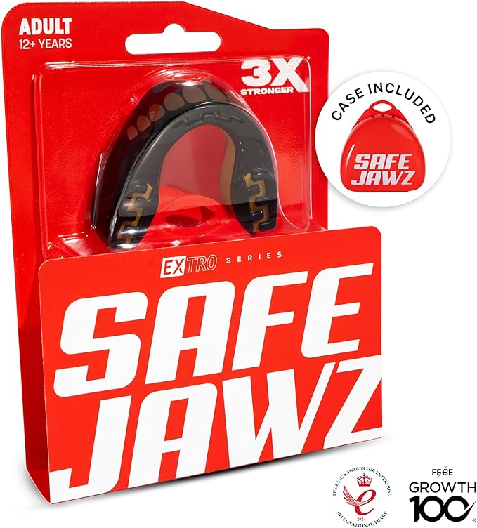 SAFEJAWZ Mouth Guard, Dual Layer Mouthguard for Adults with Case, Easy Fit Remoldable Mouthpiece for Football, Boxing, Lacrosse, MMA, Basketball & All Contact Sports (Adult 12+ Years, Goldie)